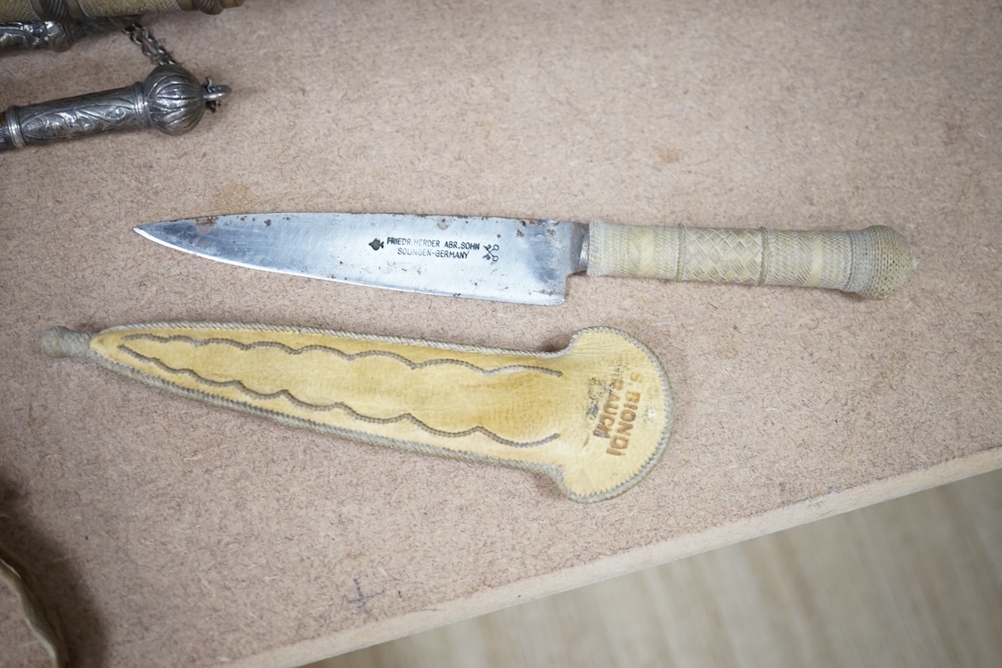 Sx 19th/20th century Ottoman or European white metal or base metal mounted riding crops, longest 48cm, and a dagger